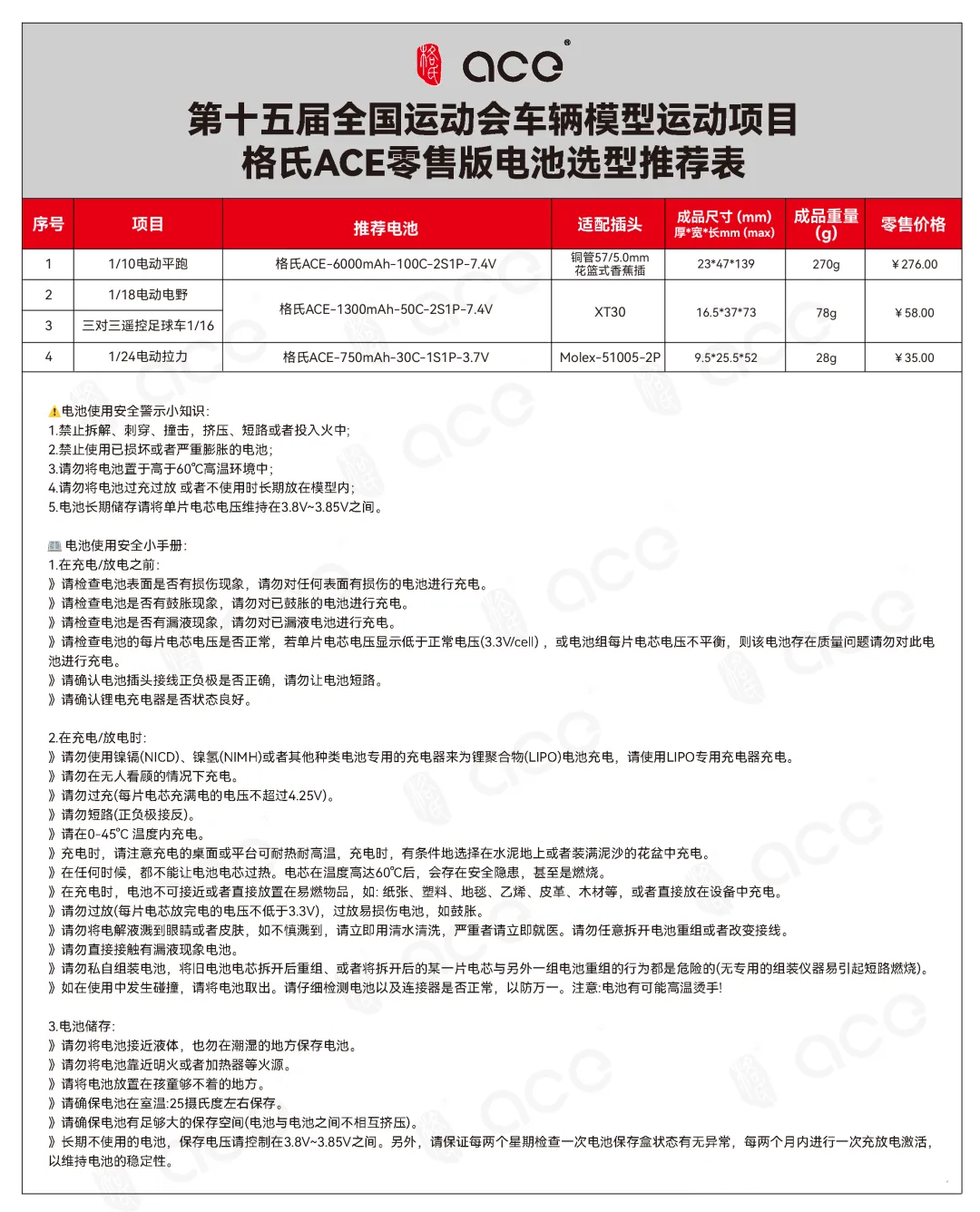 車(chē)輛模型項(xiàng)目-格氏電池選型推薦表